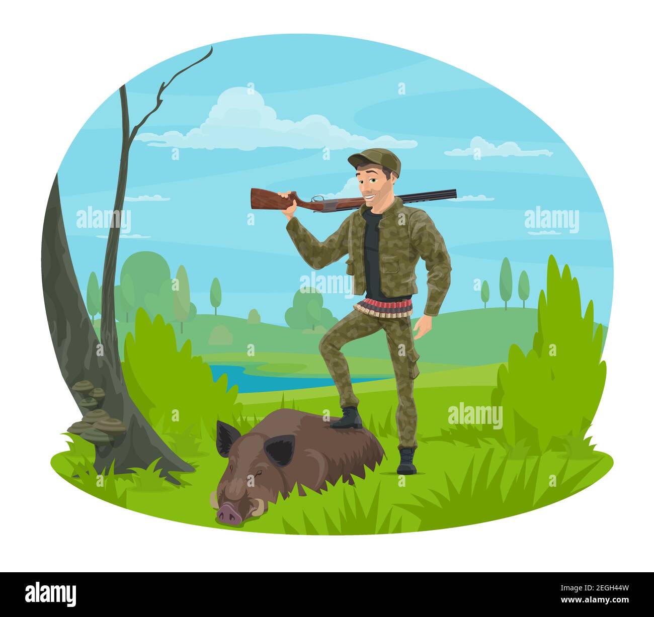 Hunter mit Gewehr und Trophäe Cartoon-Symbol für die Jagd Sport Themen Design. Huntsman in Tarnuniform stehend auf Waldlichtung mit Pistole und wildem b Stock Vektor