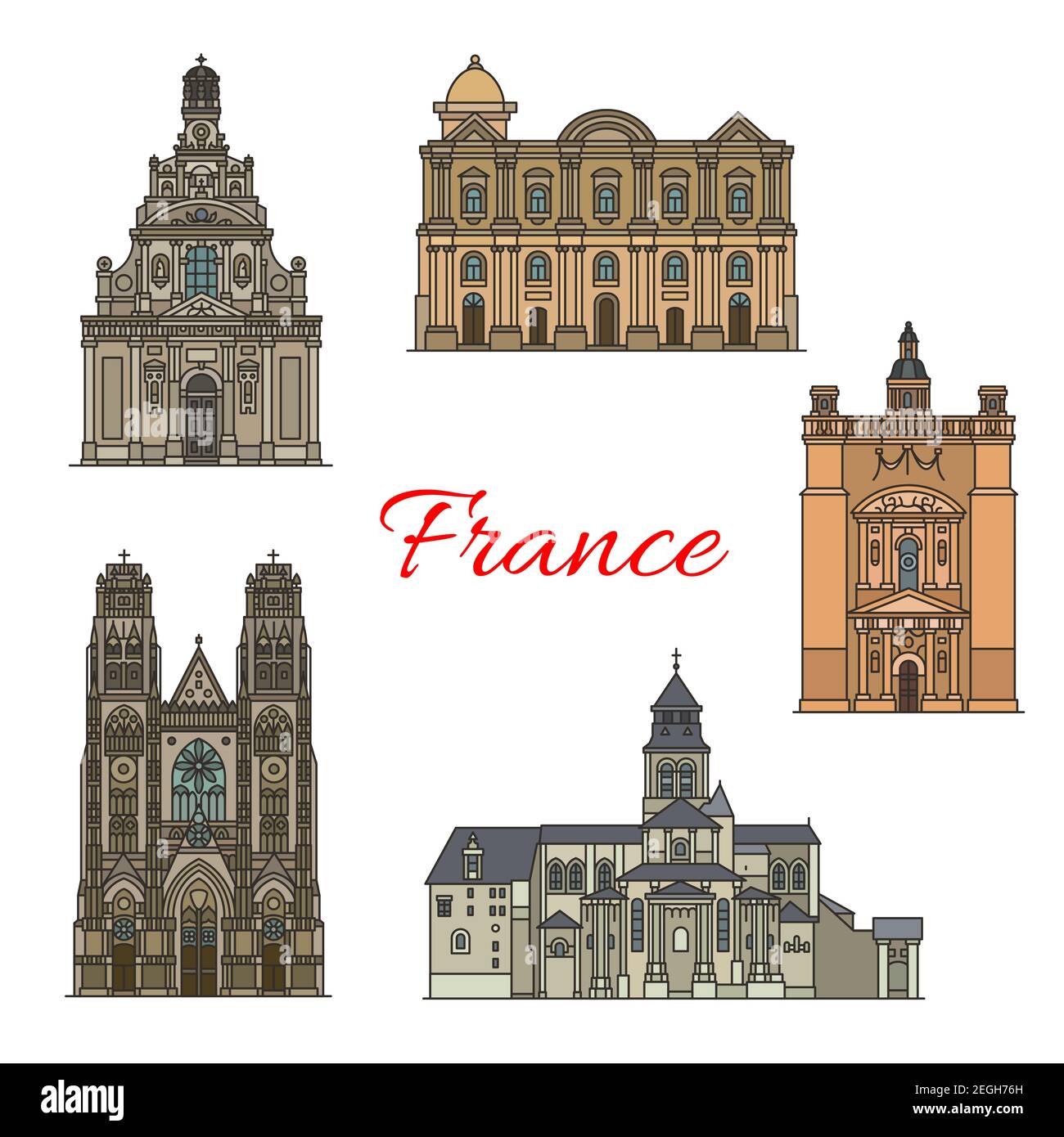 Französische Reise Wahrzeichen Ikone mit religiösen touristischen Sehenswürdigkeiten. St. Gatien Kathedrale, Taal Basilika und Abtei von Fontevraud, St. Peter Kirche und Heilig Kreuz Stock Vektor