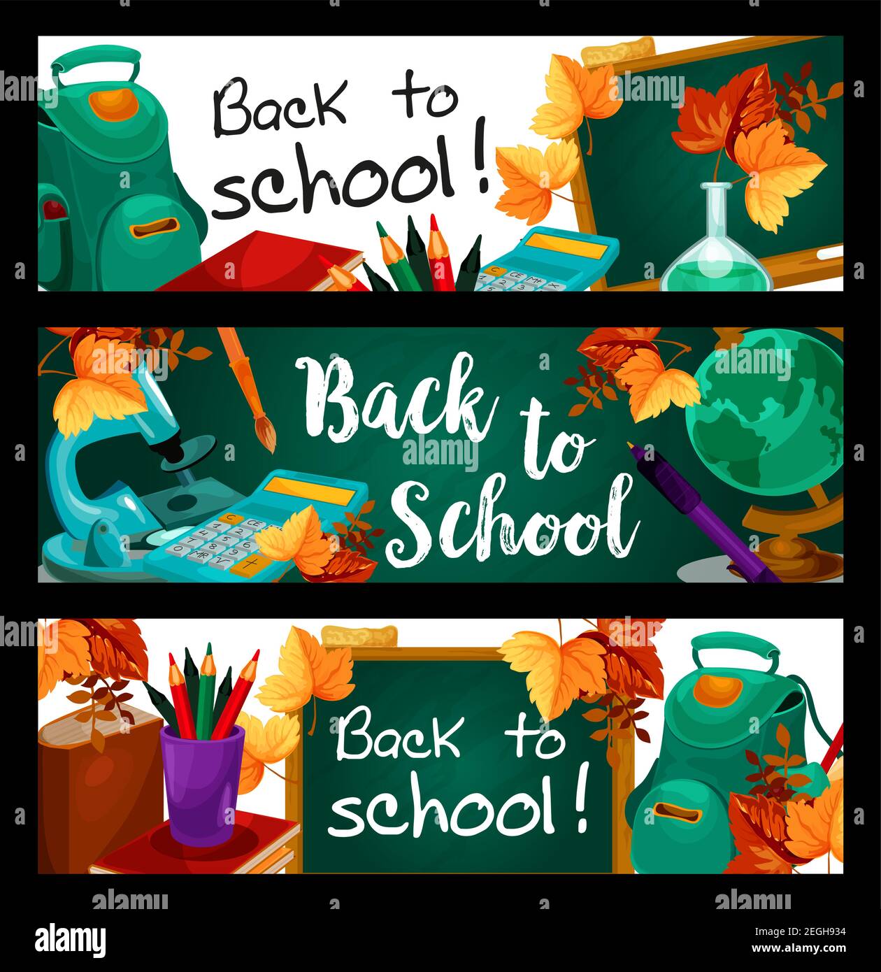 Back to School Banner mit grünen Kreidetafeln und Schreibwaren. Vektor Herbst Ahornblatt, Bleistift oder Lineal und Geometrie Globus Karte, Chemie-Lektion Stock Vektor