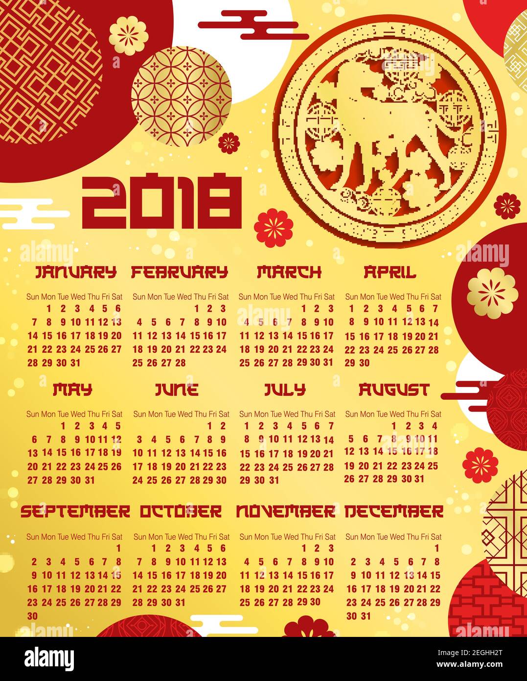 Chinesische Neujahrskalender-Vorlage mit asiatischen Mondkalender Hund.  2018 Jahre Kalender mit Tierkreis Horoskop Hund Tier und golden Papier  geschnitten Ornament Stock-Vektorgrafik - Alamy