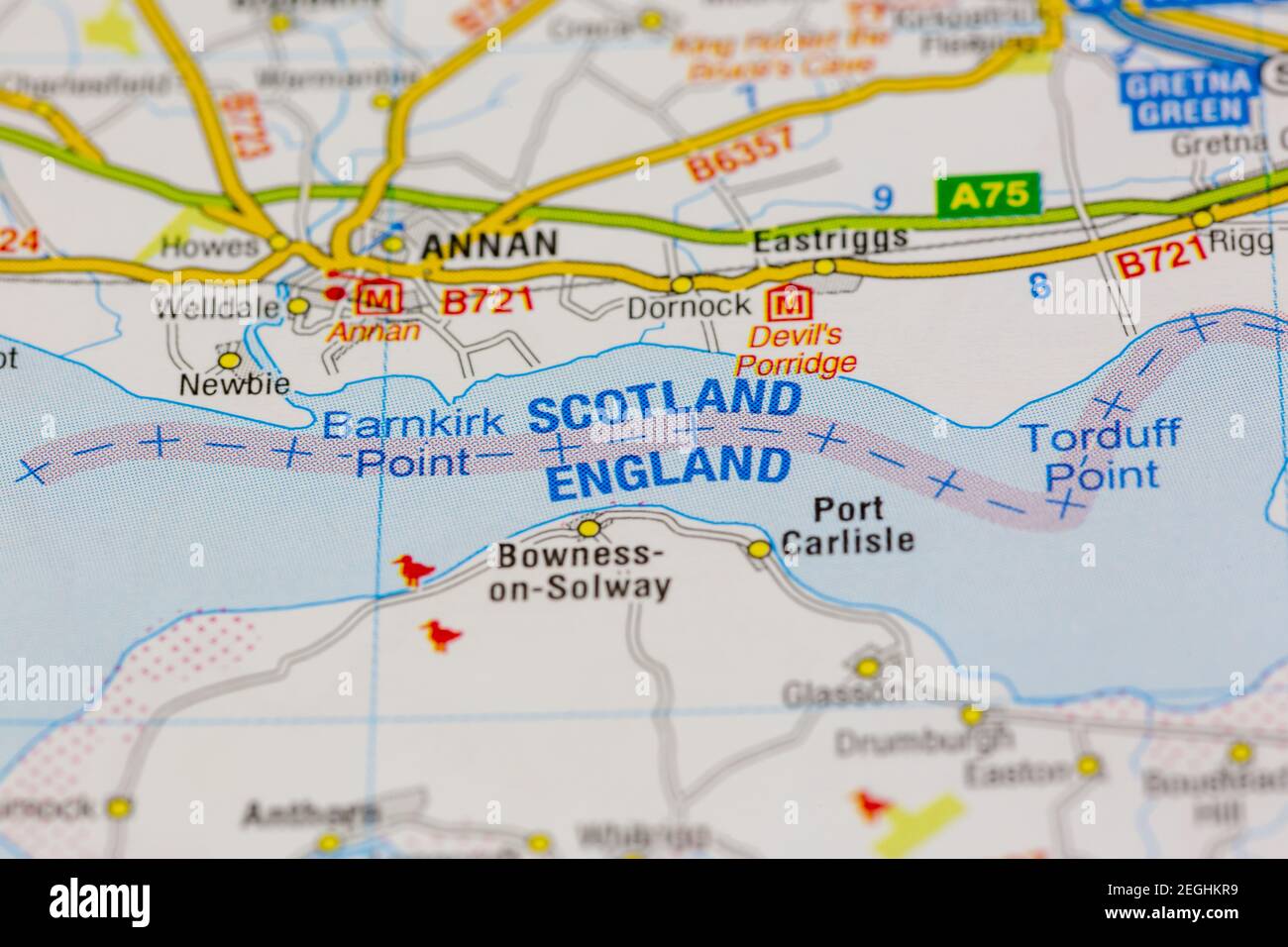 Die Grenze zu Schottland und England und die umliegenden Gebiete sind auf dargestellt Eine Straßenkarte oder Geografie-Karte Stockfoto