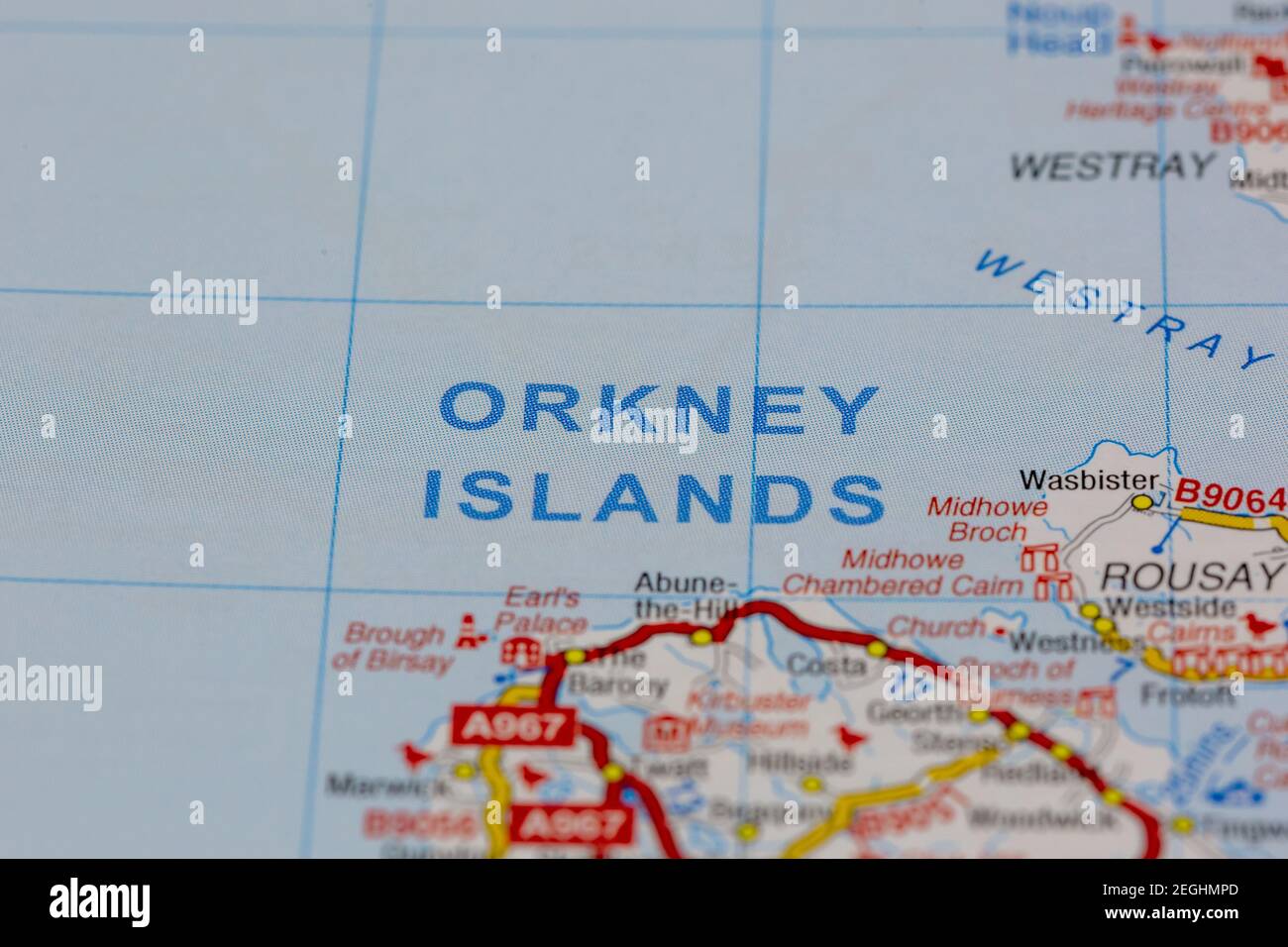 Die orkney und Umgebung auf einer Straßenkarte angezeigt Oder geografische Karte Stockfoto