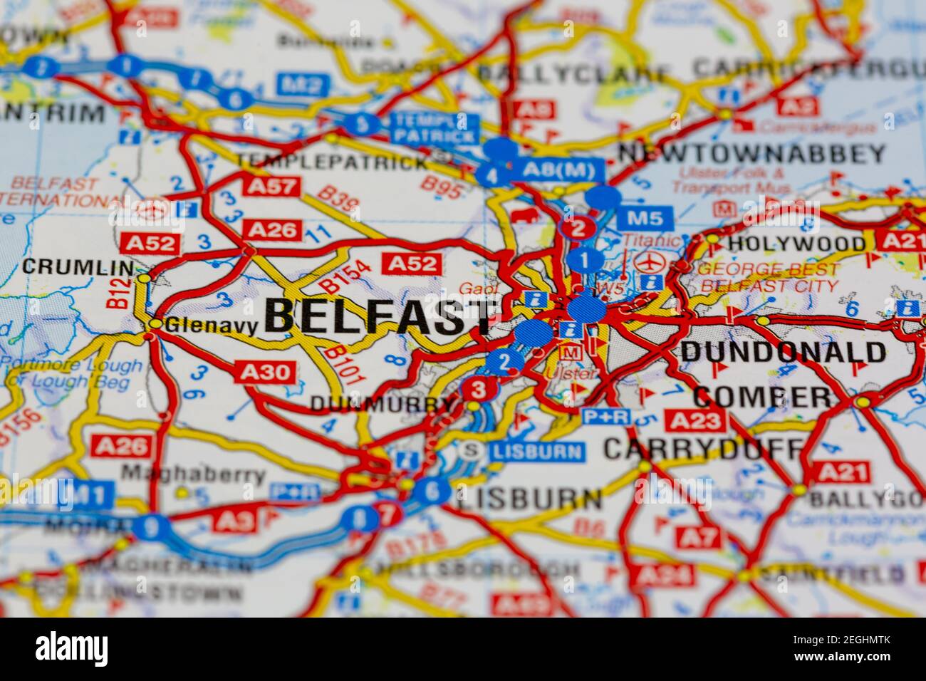 Belfast und Umgebung auf einer Straßenkarte oder dargestellt Geografische Karte Stockfoto