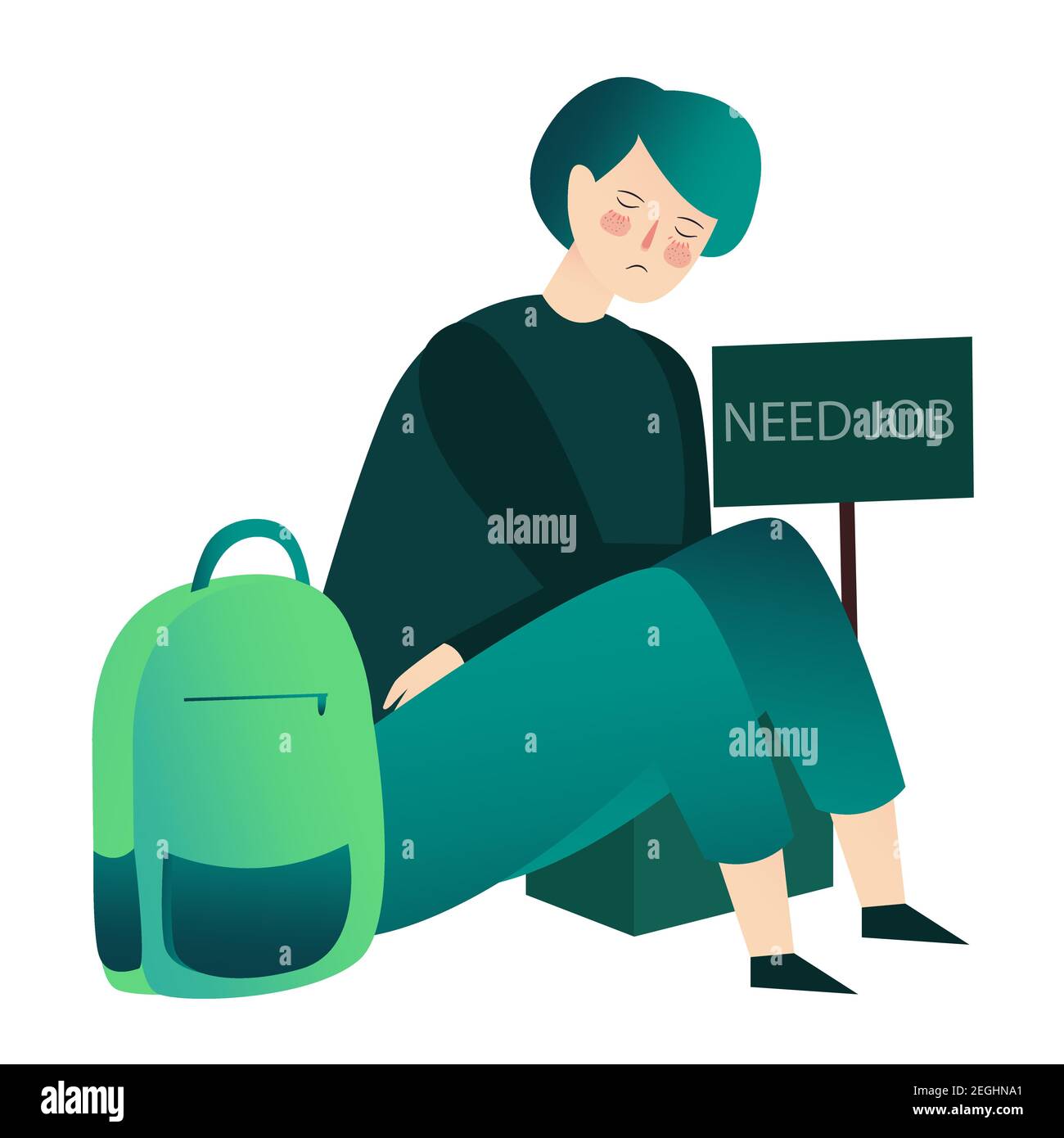 Junger Mann saß auf dem Boden traurig Gesicht um Rucksack gestresst Brauchen Job-Konzept mit Cartoon flachen Stil Stock Vektor
