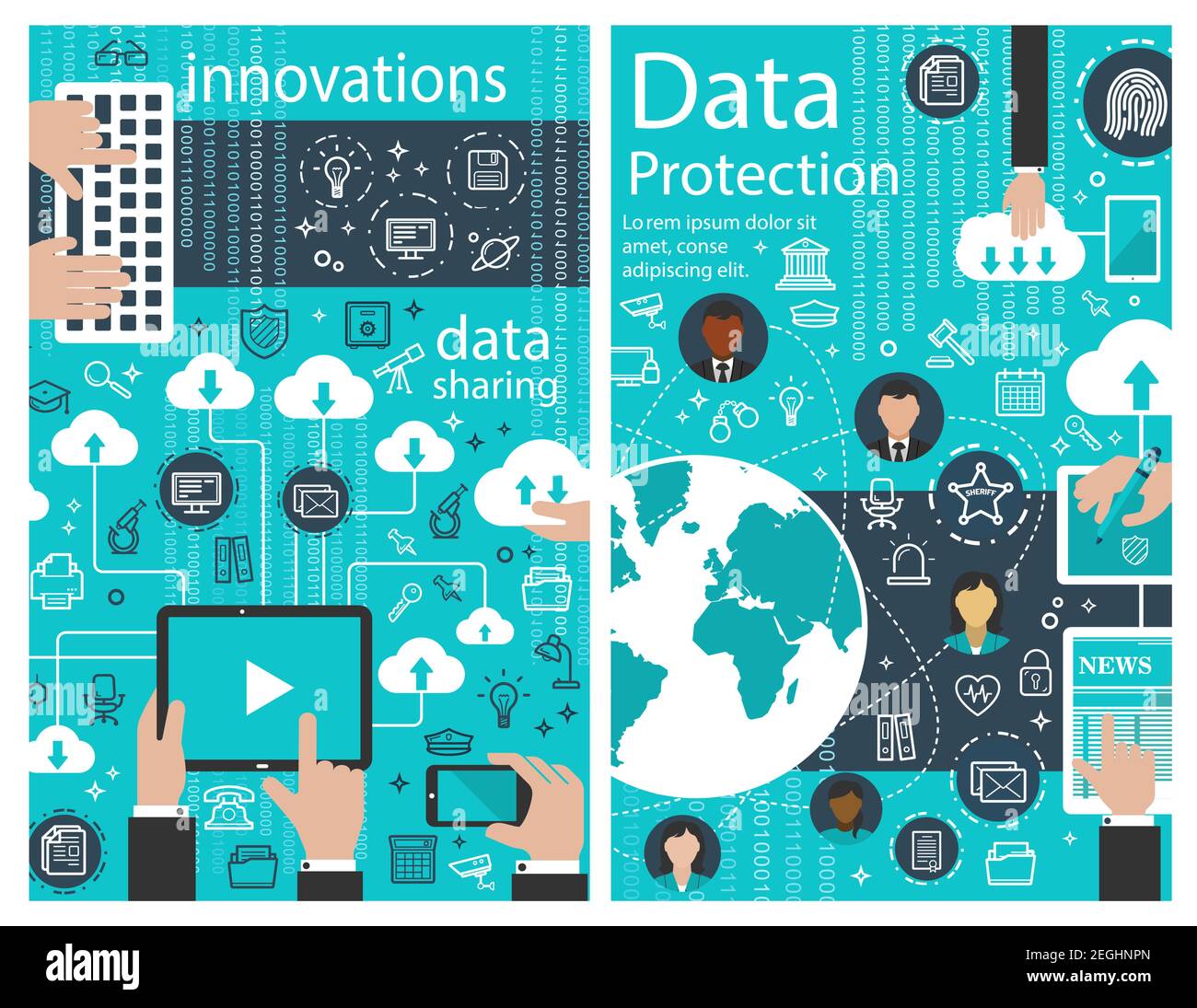 Datenschutz-Poster von Internet-Innovationen für Web-Cloud-Informationstransfer. Vector Cloud-Netzwerksystem oder Dateispeicher für Informationen Stock Vektor