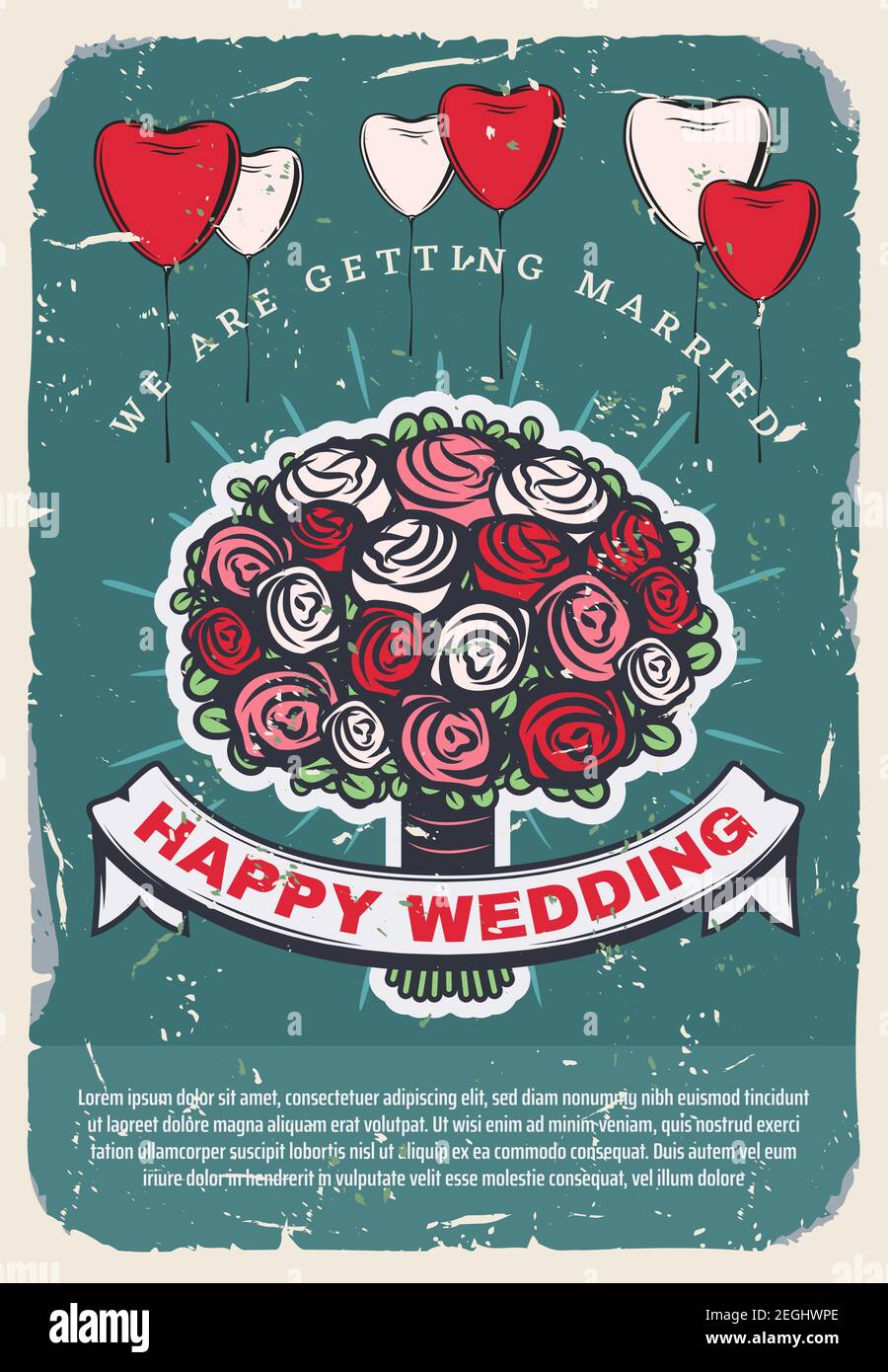 Hochzeit Brautstrauß vintage Einladung Vorlage. Rose Blumenstrauß mit Herz geformten Ballon Retro-Poster, geschmückt mit Band Banner mit Wünschen von Stock Vektor