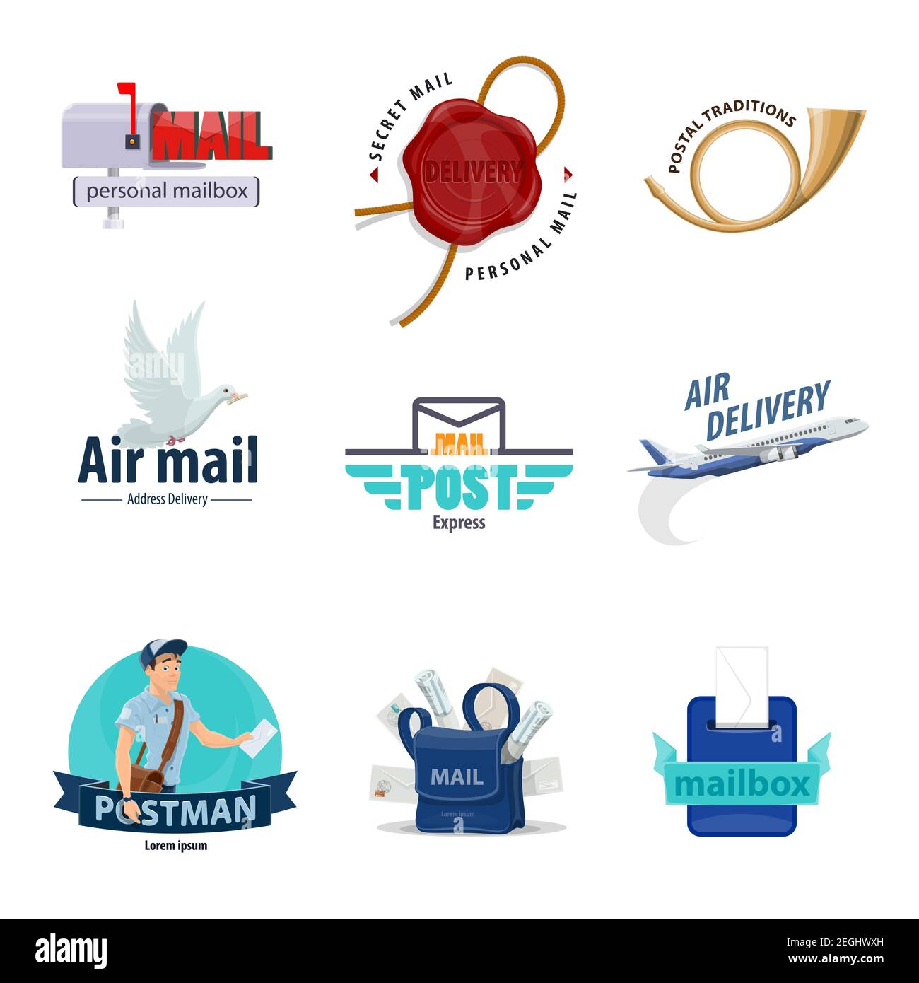 Post-Service-Symbol für das Design von Themen für die Postzustellung festgelegt. Briefkasten, Briefumschlag und Briefträger, Briefkasten, Posthorn und Brieftasche mit Korrespondenz, Stock Vektor