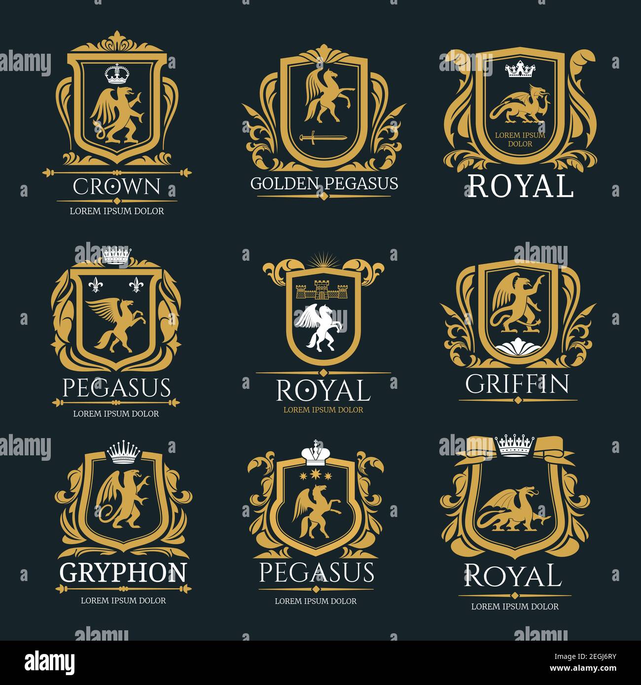 Wappenschild und Wappenschild des Königs Pegasus, Greifvogel oder Tier mit goldenen Kronen und Sternen. Vektor isoliert Wappentier schlecht Stock Vektor