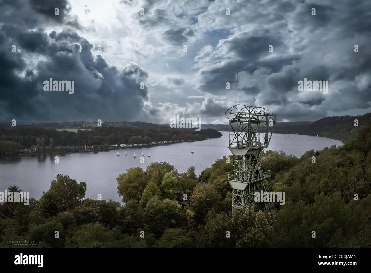 Luftaufnahme auf dem Förderturm von Zeche Carl in Heisingen im Ruhrgebiet Stockfoto