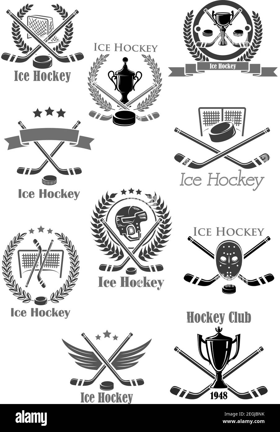 Eishockey Sport Spiel Isoliert Icon Set Hockey Puck Und Stick Champion Trophae Cup Torwartmaske Spieler Helm Und Tor Eingerahmt Von Heraldischen Kranz Wi Stock Vektorgrafik Alamy