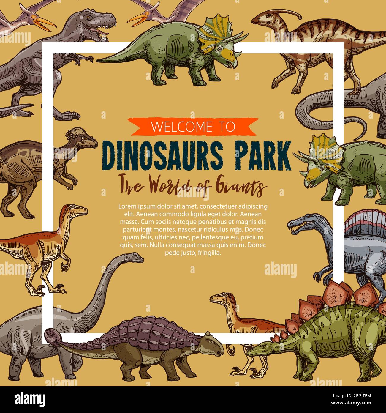 Dinosaurier Park Skizze Poster. Vector Jurassic Park Ausstellung von Dinosaurier Triceratops, t-rex Tyrannosaurus oder stegosaurus und Brontosaurus, pterodacty Stock Vektor