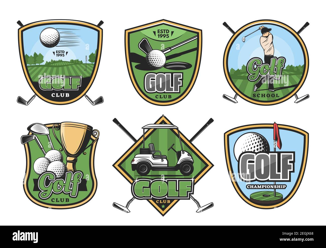 Golf Sport Club Retro Abzeichen Set. Golfspieler auf grünem Golfplatz vintage Ikone mit Verein, Ball und Loch, Fahnenstange, Wagen und Champion Trophäe Cup f Stock Vektor