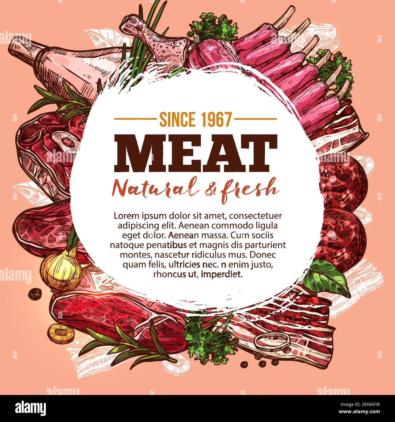 Fleisch Bauernhof frische Produkte und Würste Skizze Poster von Bauernhof Fleisch Delikatessen. Vektor-Design von Gourmet-Cervelat, Pepperoni Wurst, Schweinefilet oder Biene Stock Vektor