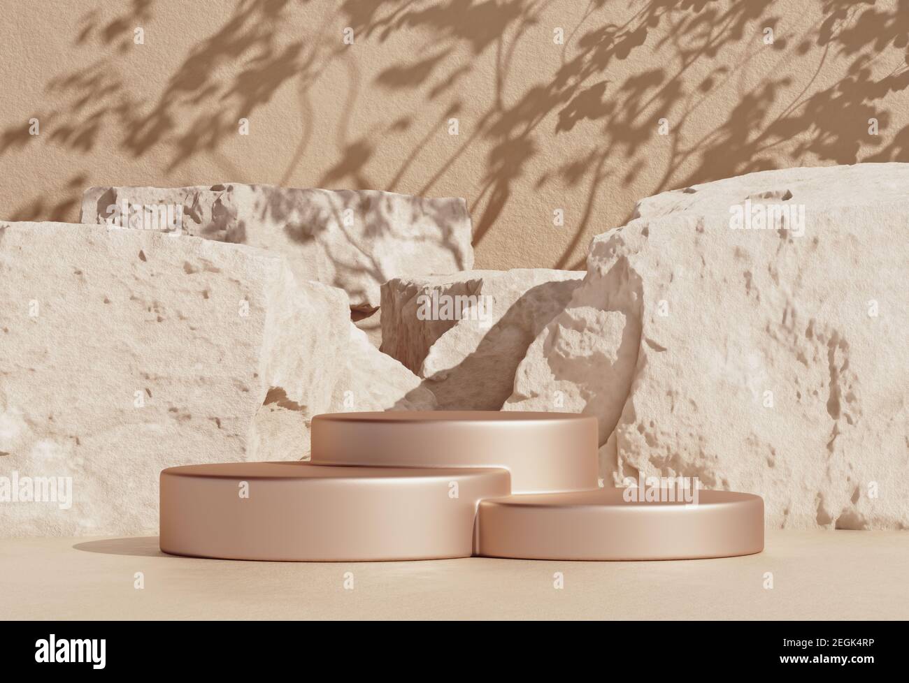 Stein Steinform Hintergrund mockup mit goldenen Produkt Podium für Display oder Vitrine kosmetische Produkte, 3D Rendering. Stockfoto