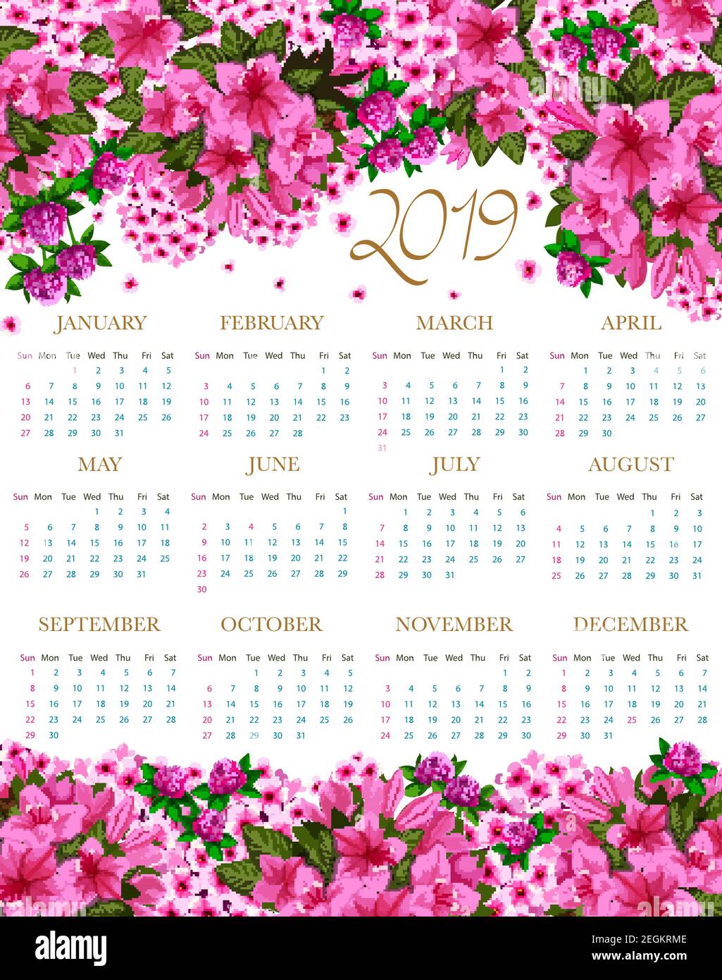 2019 Kalender der Frühlingsblumen. Vektor florales Design von blühenden Gartenrosen und florieren Hibiskus oder Klee und Krokusblüten für blumige 2019 Mo Stock Vektor