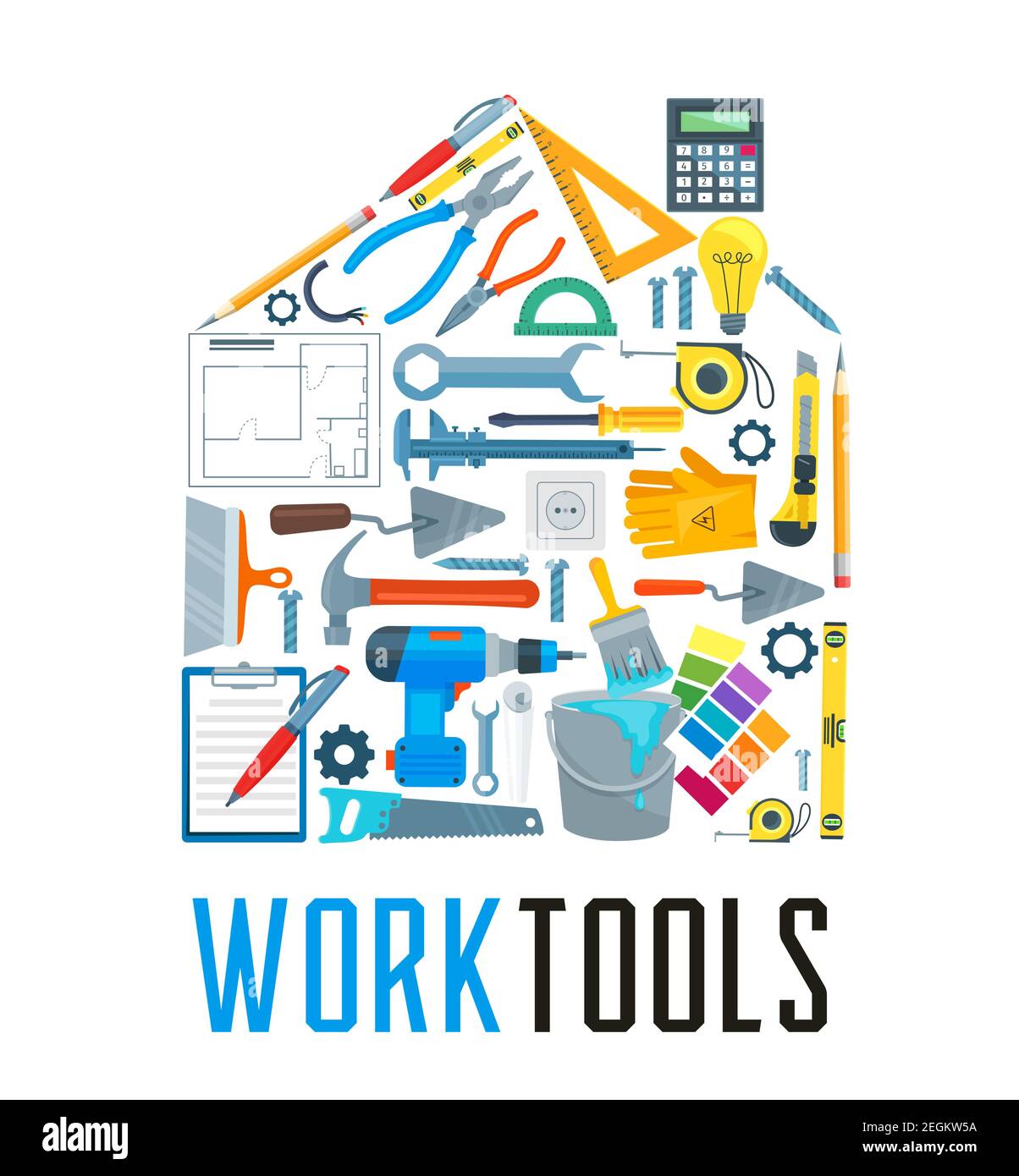 Haus Silhouette mit Reparatur-Tool-Symbol. Hammer, Schraubendreher und Schraubenschlüssel, Zange, Bohrer und Schraubenschlüssel, Farbe, Bürste und Säge, Maßband, Kelle und Stock Vektor