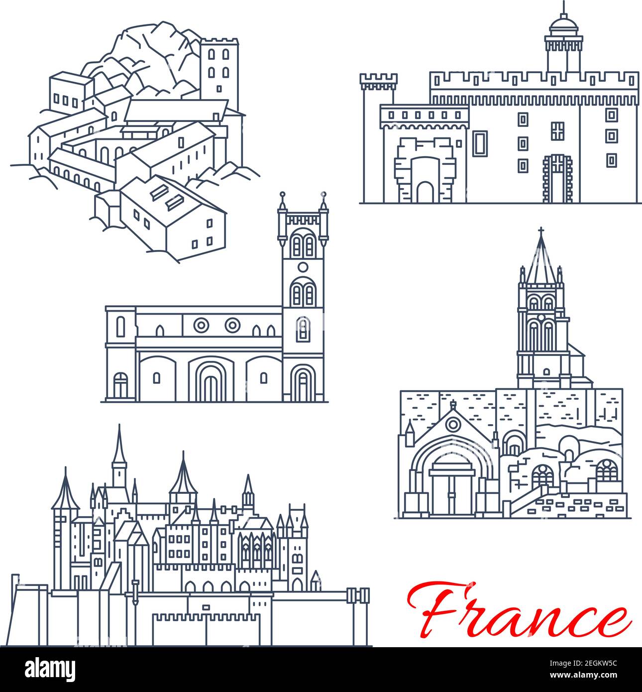 Frankreich berühmte Reise Wahrzeichen Gebäude Linie Symbole. Vektor-Set von Saint-Martin Abtei in Tours, Carcassonne und Saint-Emilion Monolithische Kirche und Pal Stock Vektor
