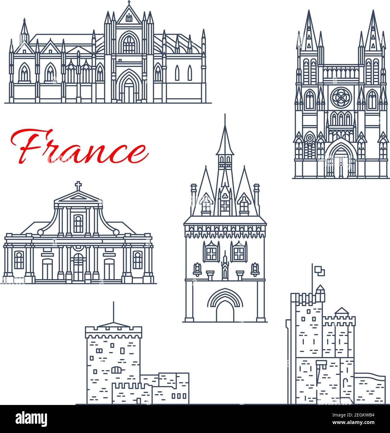 Französische Architektur Wahrzeichen und berühmte historische Gebäude Ikonen. Vector Fassaden Satz von Saint Louis La Rochelle und Bordeaux Kathedrale, Porte Cailhau Stock Vektor