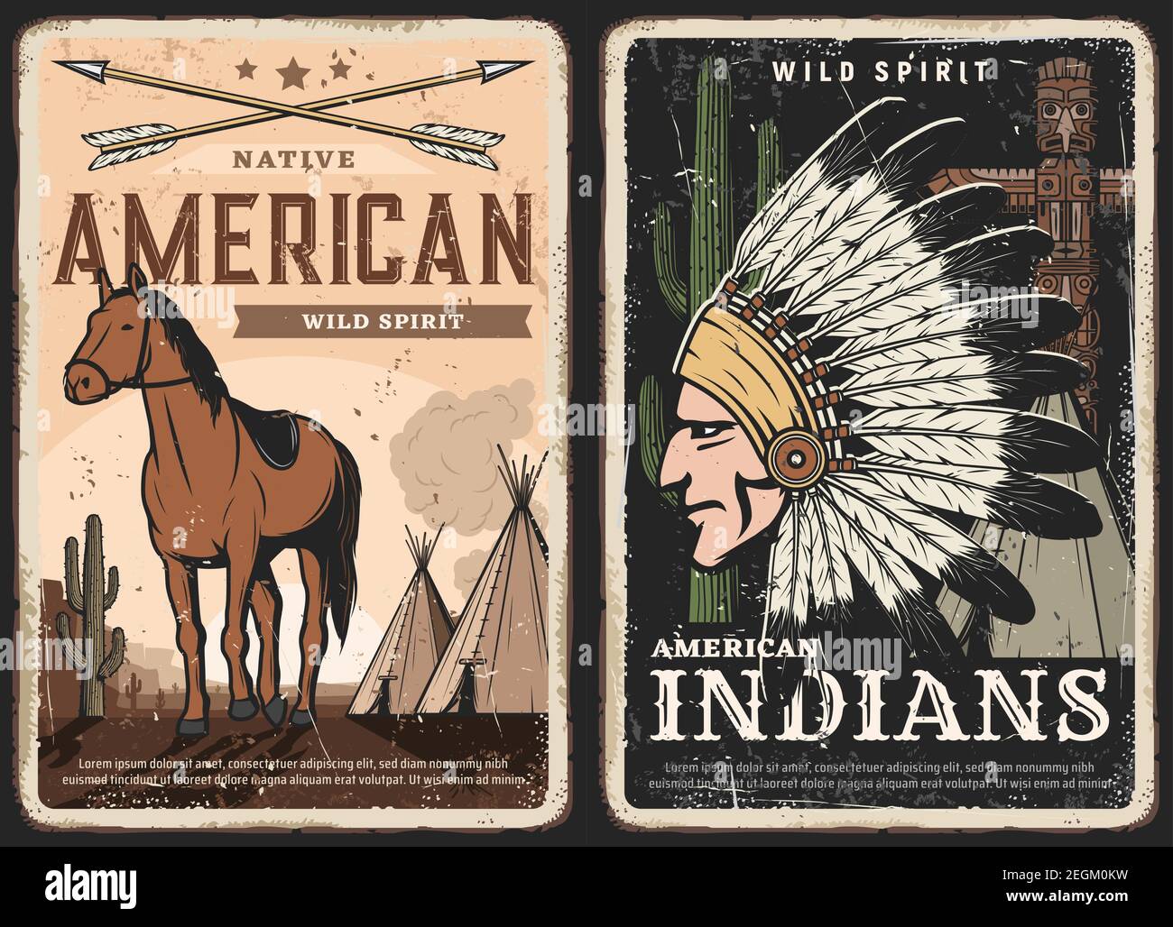 indianer, indianer Geist Retro-Plakate, grungy Banner. Gekreuzte Bogenpfeile, Mustang-Pferd und Tipi-Zelt, indischer Häuptling oder Krieger in Kriegshaube Stock Vektor