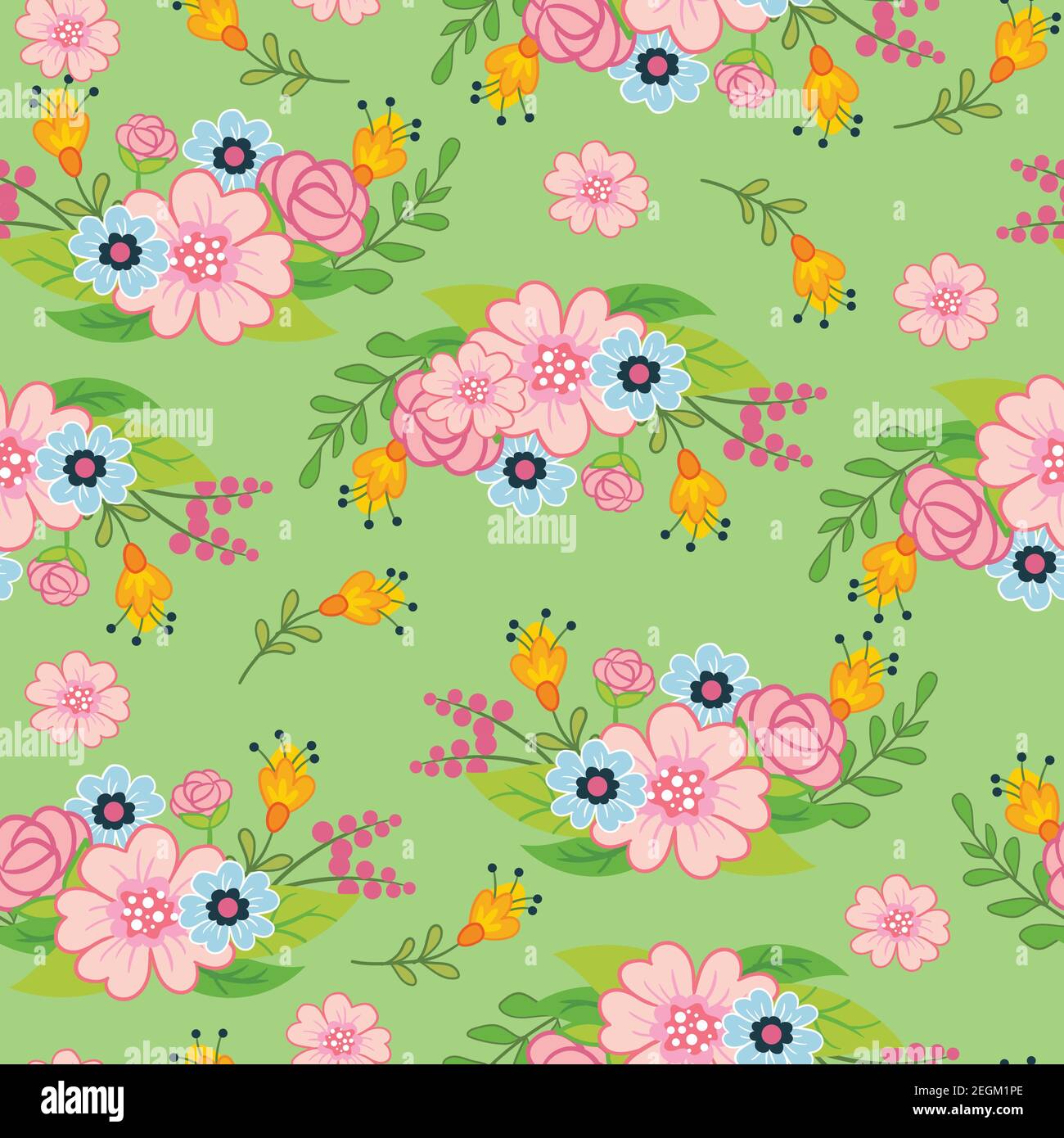 Nahtloses Vektor-Muster mit Frühlingskonzept. Florales Motiv. Bunte Illustration isoliert auf weißem Hintergrund. Für Print, T-Shirt, Design, Tapete, Stock Vektor