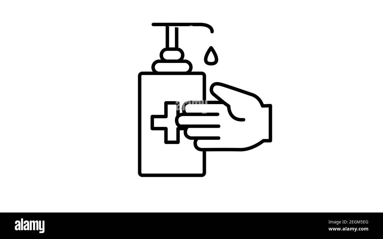 Symbol „Hände Waschen“. Schwarz-Weiß-Vektor-Illustration von Washing Hands, mit einem Spender Stock Vektor Symbol „Hände Waschen“. Schwarz-Weiß-Vektor-Illustration von Washing Hands, mit einem Spender Stock Vektor