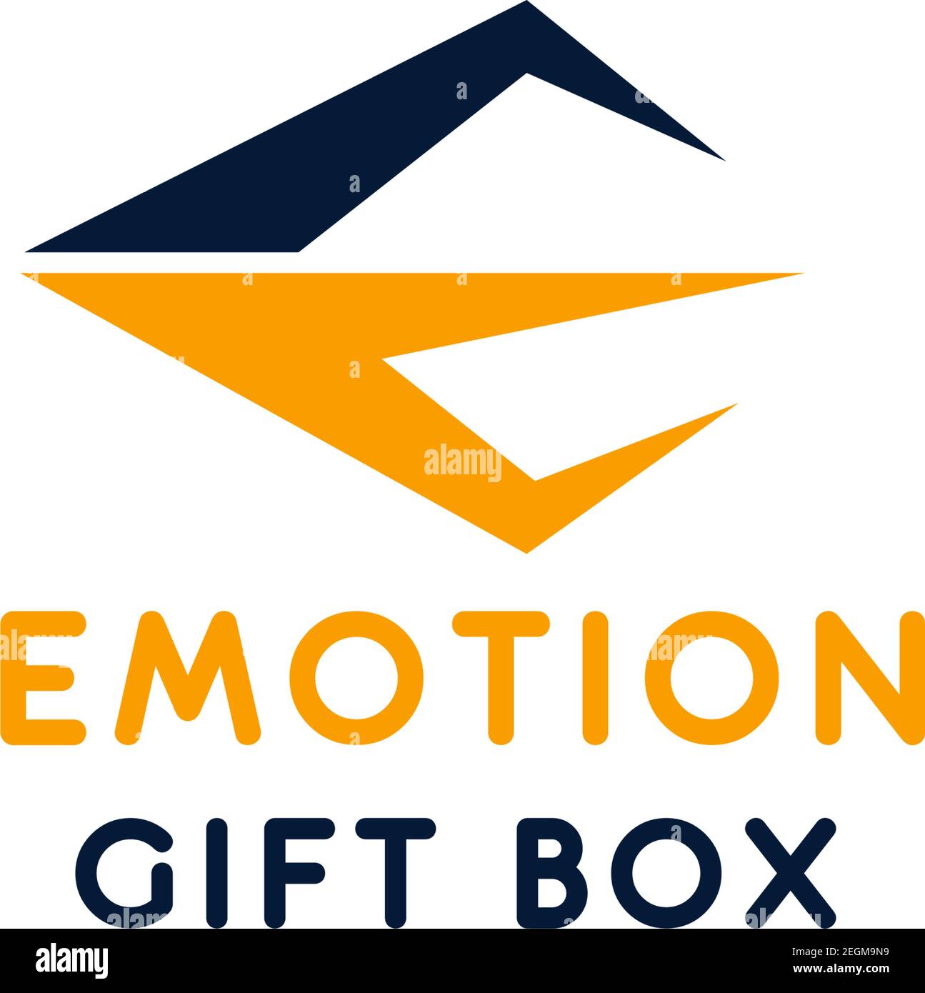 Geschenkbox mit abstraktem Logo und Emotion. Vektor-Logo für Event-Unternehmen. Design-Zeichen in gelben und dunkelblauen Farben isoliert auf weißem Hintergrund. Konzept von gif Stock Vektor