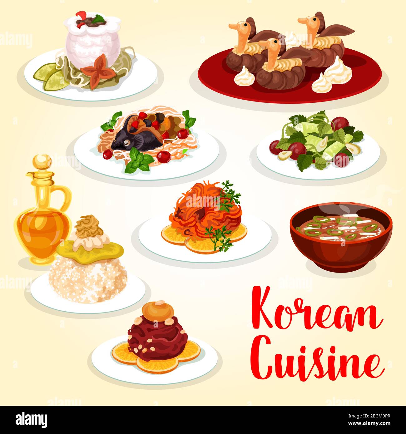 Koreanische Küche Asian Food Ikone mit Fleisch und Fisch Gericht. Frisches Rind und gesalzene Forelle, serviert mit Reis, Gurkensalat und Schweinekimchi-Suppe, gebackenem Karpfen Stock Vektor