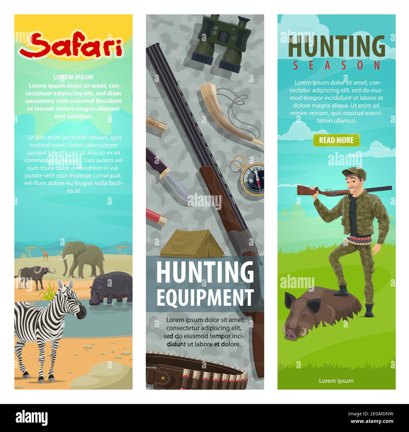 Jagd Open Season Banner für Safari Jäger Club von Jagdausrüstung. Vektor-Flachdesign von Jäger in Wald oder Afrika mit Gewehr, Fernglas und Stock Vektor
