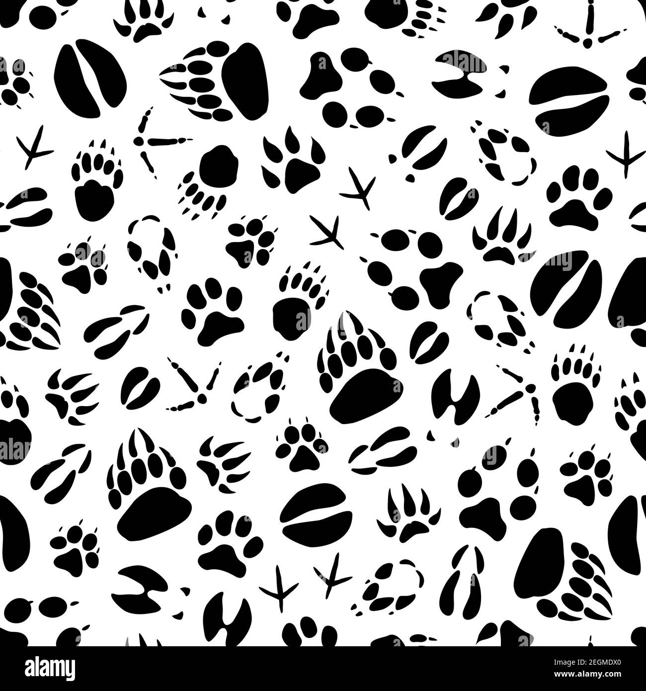 Tiere und Vögel Fußabdrücke Nahtloses Muster auf Schnee. Vektor Wildbär oder Wolf und Hase Pfoten Spuren, Wildschwein oder Elch und Hirsch Hufabdrücke oder Krähe und s Stock Vektor
