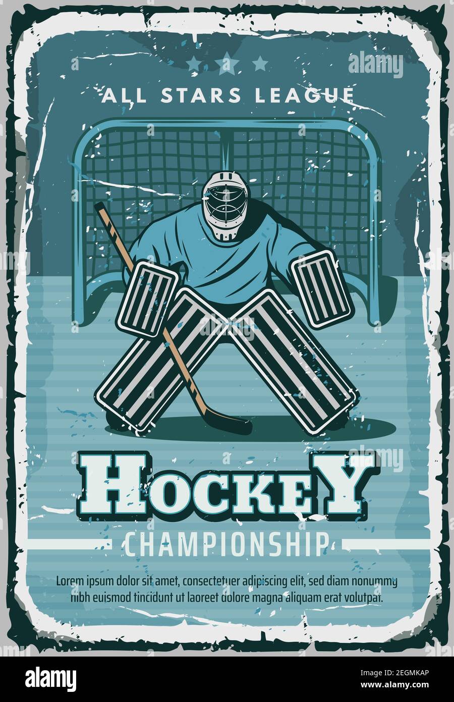Hockey Sport Retro Poster. Vector Vintage-Design von Eishockey-Spieler oder Torwart auf Eisbahn im Outfit mit Puck und Hockey-Stick für Liga-Team-Champion Stock Vektor