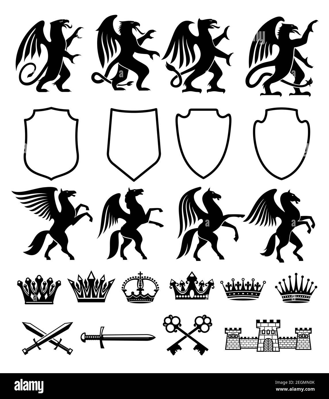 Wappenschild und Wappenzeichen des Pegasus-Pferdes, Griffin-Vogel oder -Tier mit Schild, Kronen und Sternen. Vector isolierte sie Stock Vektor