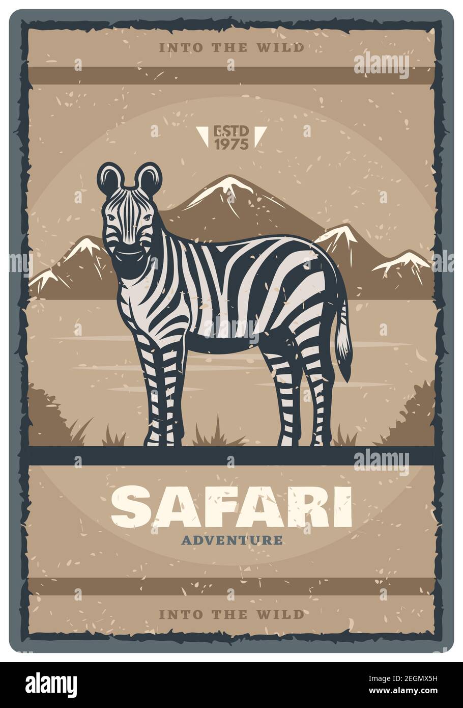 Safari Jagd Abenteuer vintage Poster von Zebra. Vector Retro-Design von afrikanischen Wildtieren in Savanna Zoo für Jäger Open Season oder Wildpark oder na Stock Vektor