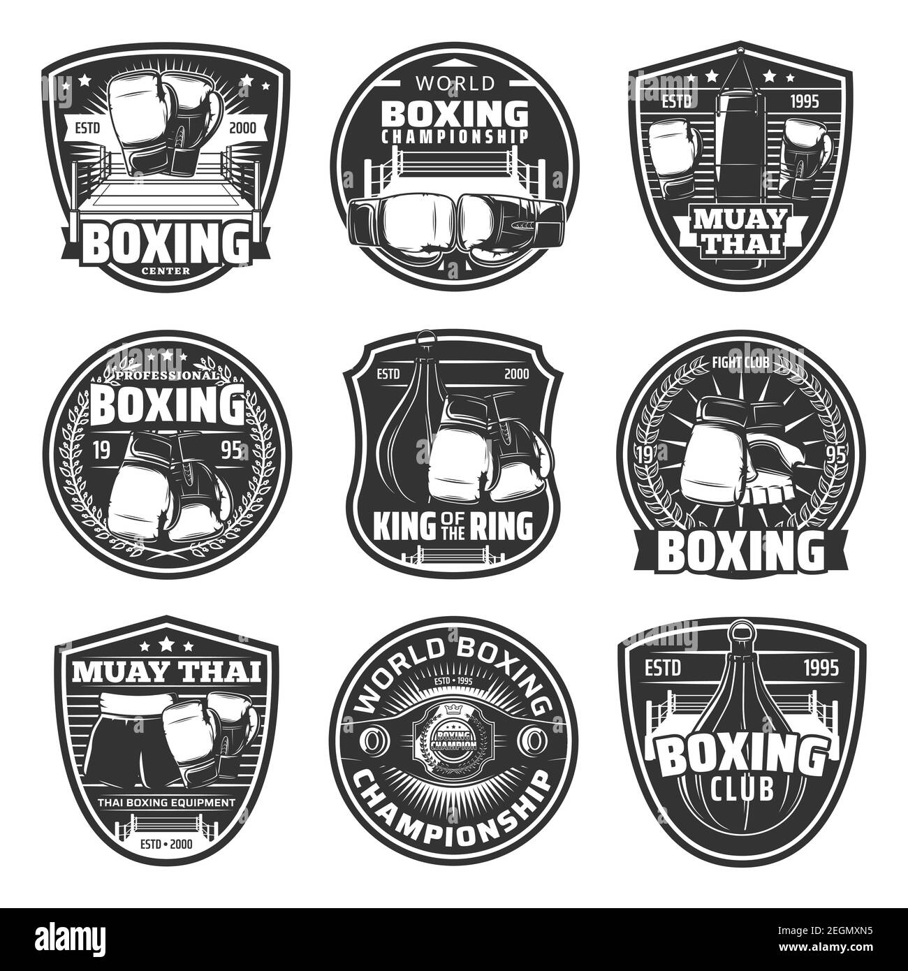 Boxen und muay thai Single bekämpft Vektor-Icons. Thailand Kickboxen Kampfkunst, Kampfsport, muay thai Boxer Club oder Trainingszentrum. Champion Stock Vektor