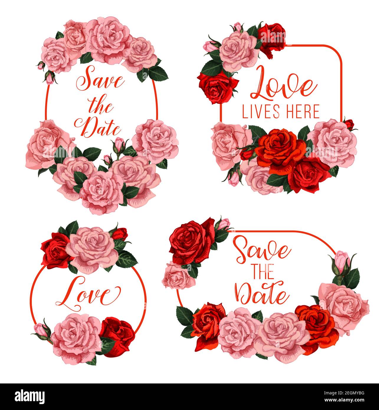 Hochzeit Blumen Rahmen mit Braut und Bräutigam Namen für Save the Date Verlobung oder Hochzeit Einladung Karten Design. Vektor Blumensträuße von bloo Stock Vektor