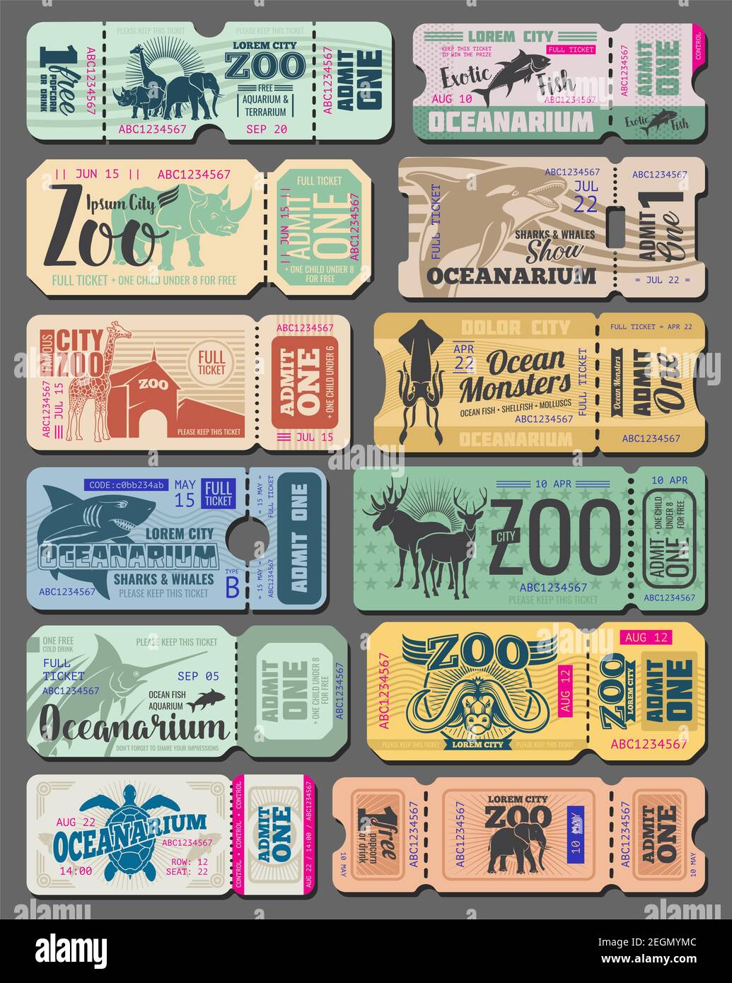 Zoo Tickets Vintage-Design von wilden Tieren und Fisch. Vector retro Eintrittskarten für zoologische Park oder Ozeanarium der afrikanischen Giraffe, Ozean Monster wh Stock Vektor