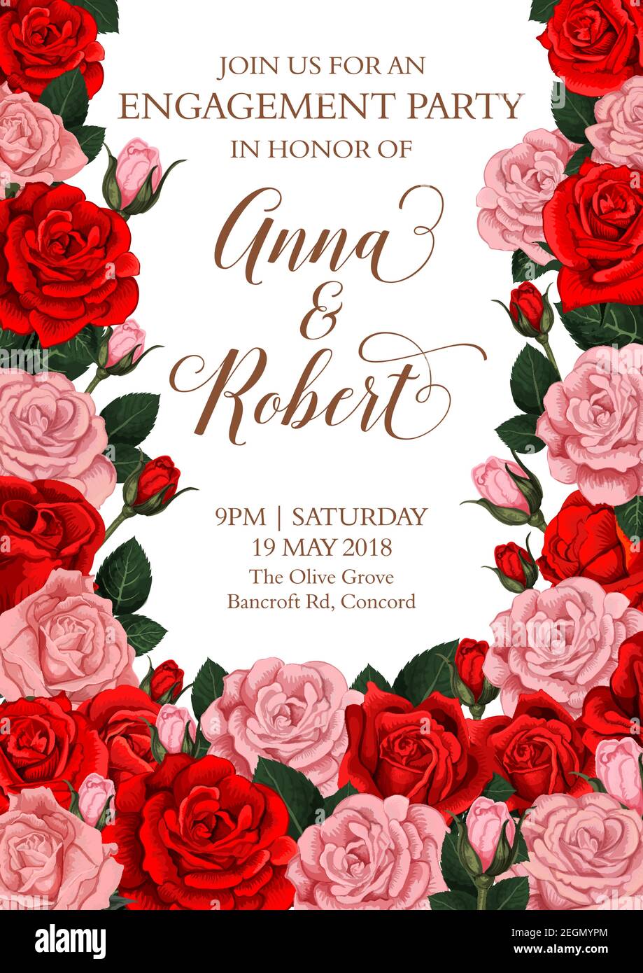 Verlobung Party Einladungskarte Design von Rosen Blumen und Braut und Bräutigam Namen. Vektor florales Design für Save the Date Gruß mit blumig Stock Vektor