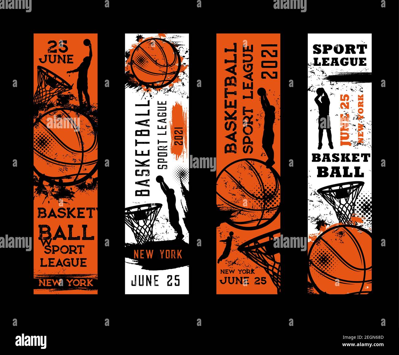 Basketball Sport Liga Vektor Flyer, Einladung auf Turnier vintage Grunge Karten mit Sportler Spieler springen werfen Ball im Reifen auf Arena. Neu Stock Vektor