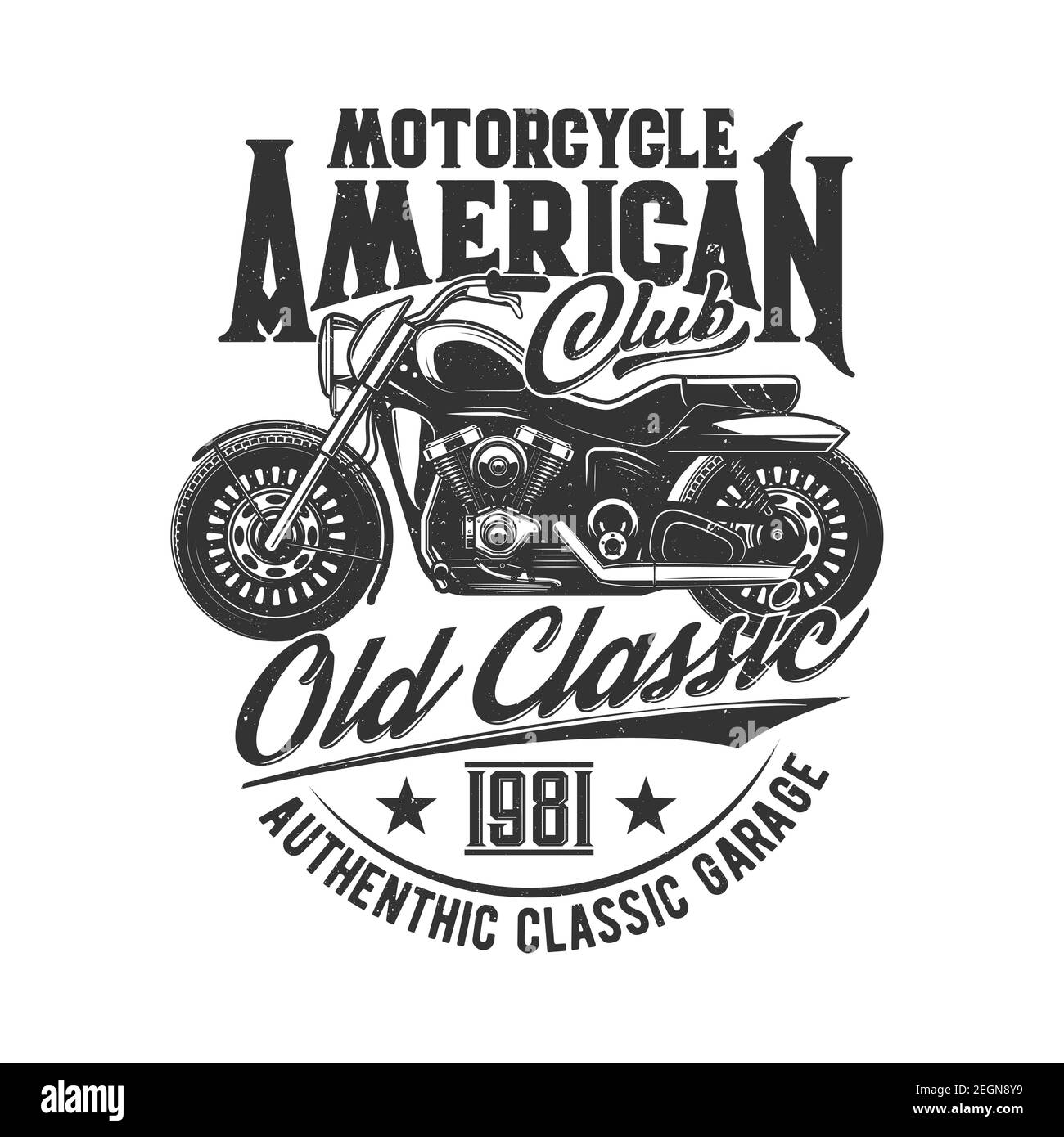 Motorrad-Rennen, Biker-Club, Motorrad-Fahrer Motorsport, Vektor-Symbol. Motorrad-Rennen und Speed Moto Retro Grunge T-Shirt-Print, American Choppe Stock Vektor