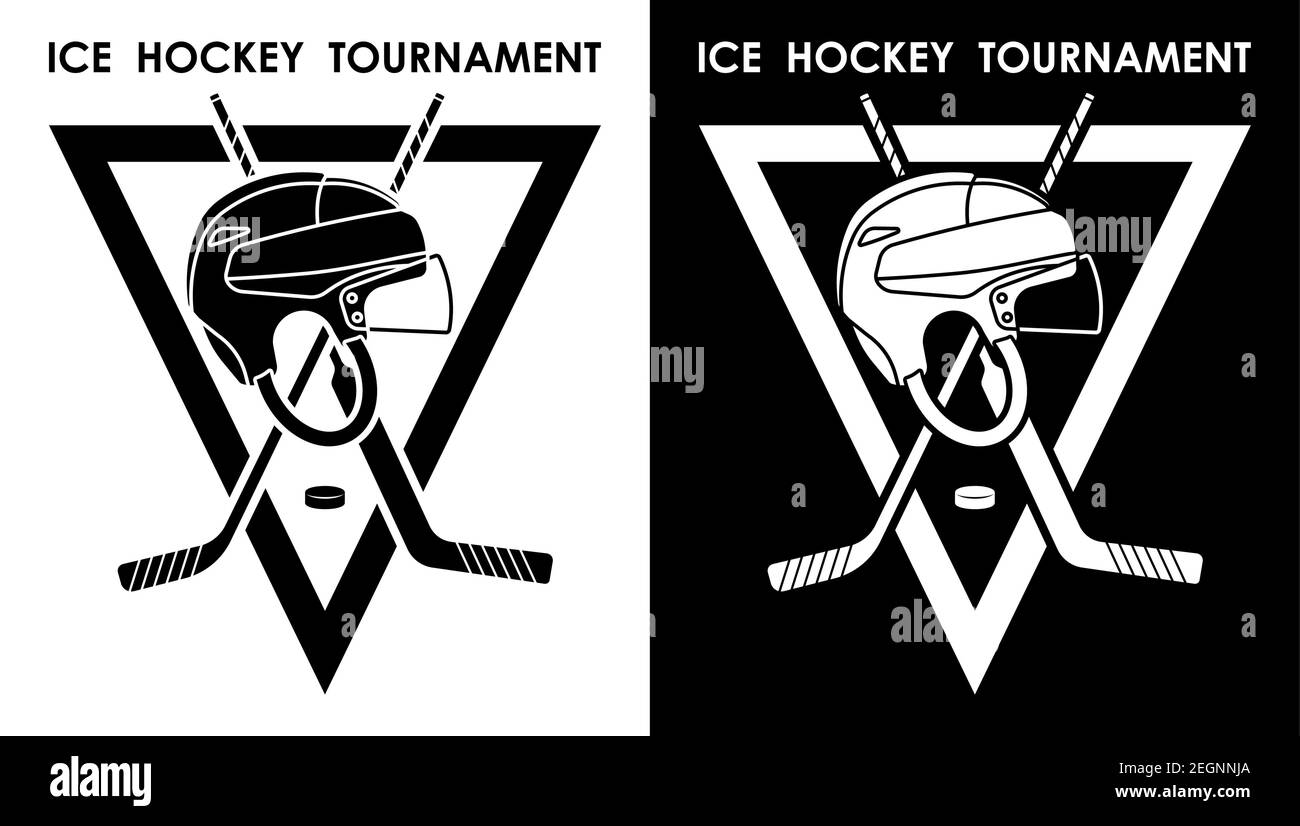Symbol, Emblem von Sportstäben für Torwart und Feldspieler, schwarzer Gummipuck und Eishockeyhelm für Eishockey für den Wettbewerb. Eishockey-Sportausrüster Stock Vektor