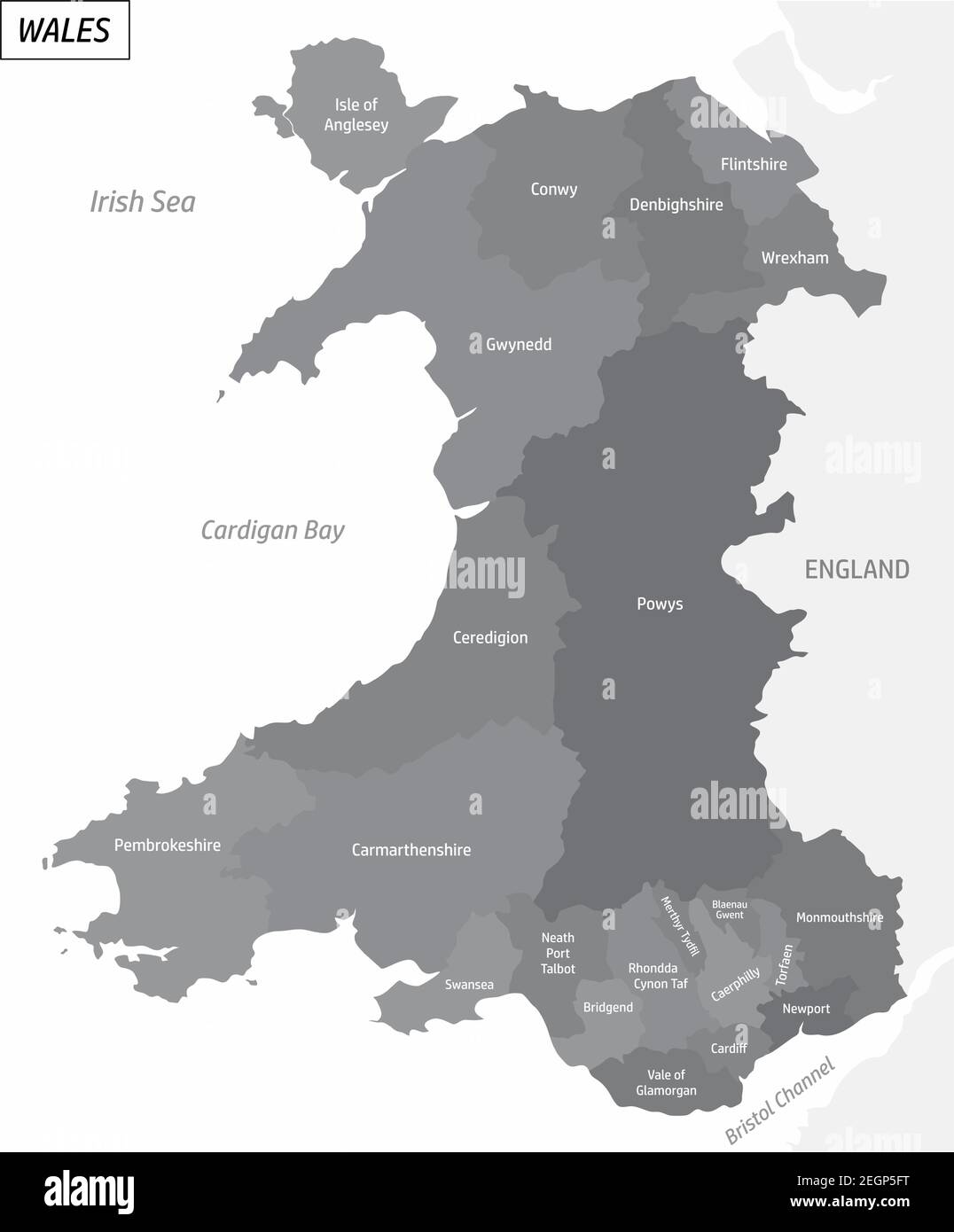 Die Wales Graustufenkarte in Verwaltungsgebieten mit Etiketten aufgeteilt, Großbritannien Stock Vektor