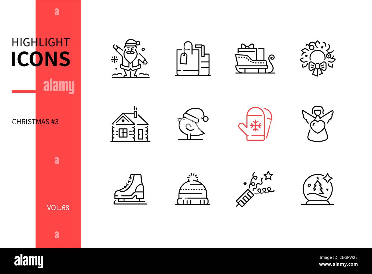 Weihnachten Symbole - Linie Design Stil Symbole gesetzt. Neujahr Urlaub Traditionen und Dekorationen Idee. Weihnachtsmann, Einkaufstaschen, Schlitten, Kranz, Haus, Vogel, Stock Vektor