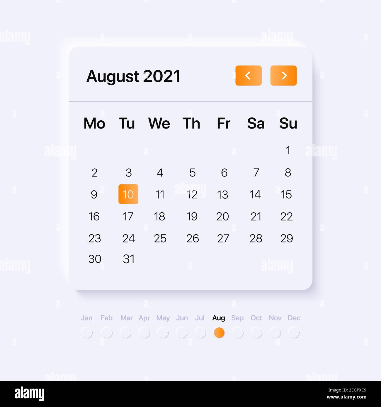 UI Kalender Konzept für August Monat. Mobile und Web-Schnittstelle. Widget mit Neumorphismus Design. Vektorgrafik Stock Vektor