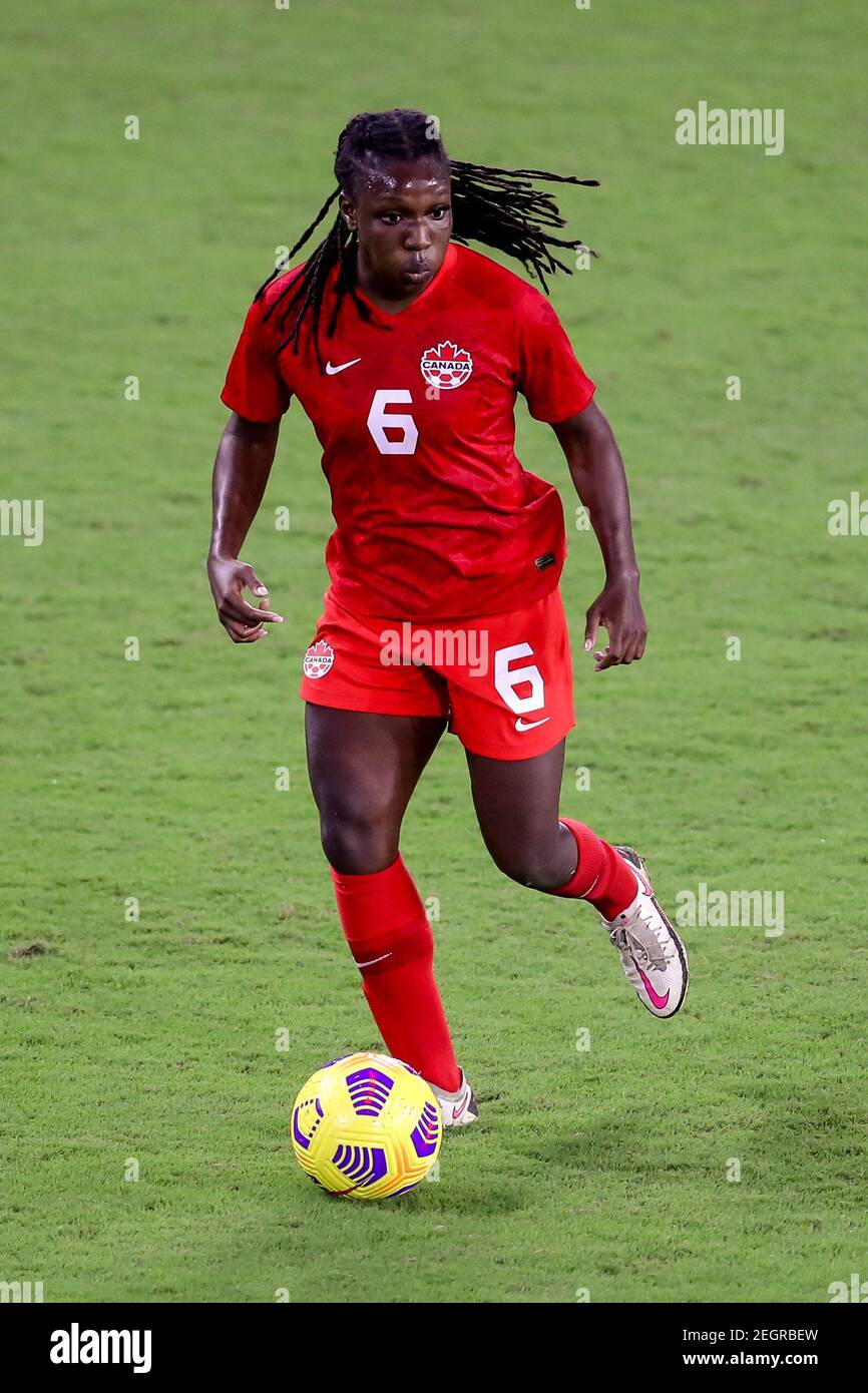 18. Februar 2021: Canada Forward DEANNE ROSE (6) richtet ein Spiel während des SheBelieves Cup United States vs Canada Spiel im Exploria Stadium in Orlando, FL am 18. Februar 2021. Quelle: Cory Knowlton/ZUMA Wire/Alamy Live News Stockfoto