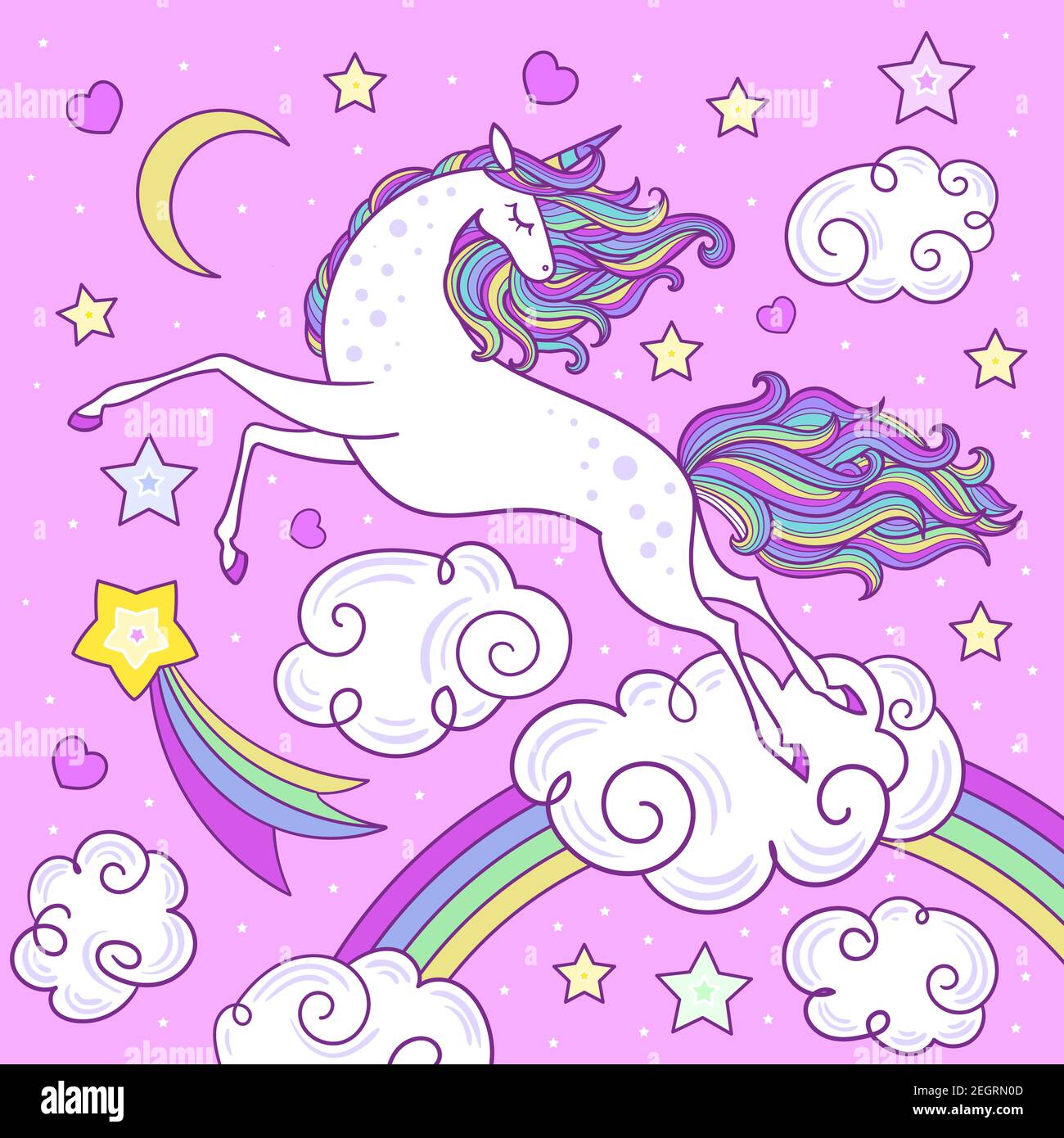 Ein Regenbogeneinhorn, das am Himmel fliegt. Illustration für Kinder. Vektor Stock Vektor