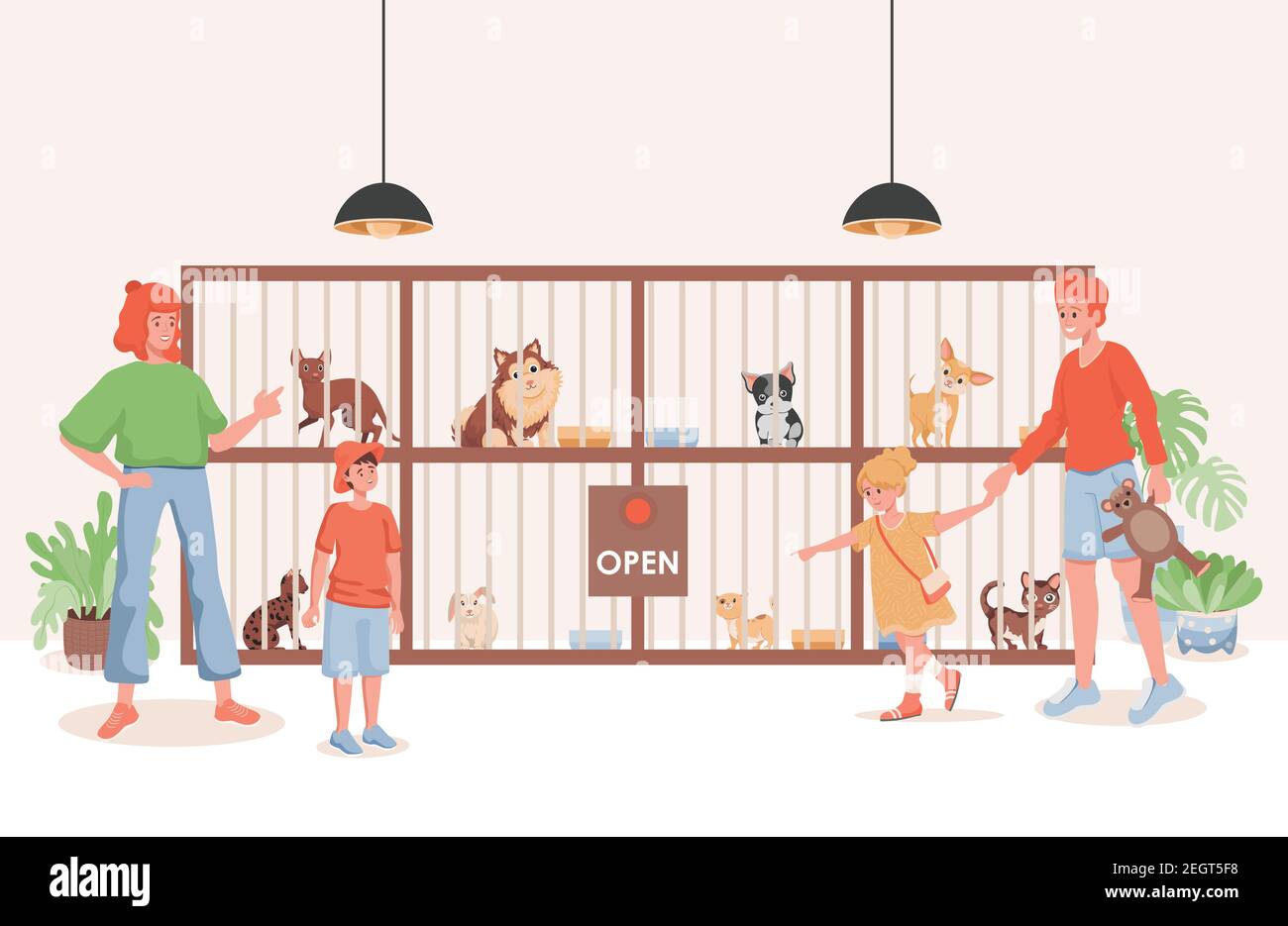 Tierheim oder Tierhandlung Vektor flache Illustration. Familie Wahl Haustier zu kaufen oder Unterkunft in der Familie. Niedliche Hunde, Katzen und Kaninchen in Käfigen. Mutter und Vater mit Kindern im Tiergeschäft. Stock Vektor