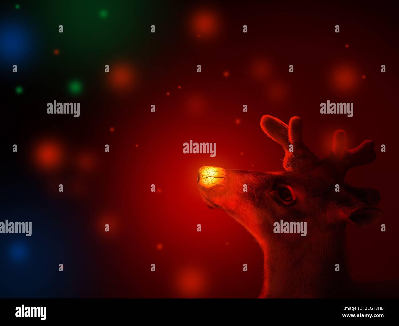 Magisch glühende Hirsche mit bunten Lichtern. Weihnachtskonzept. Stockfoto