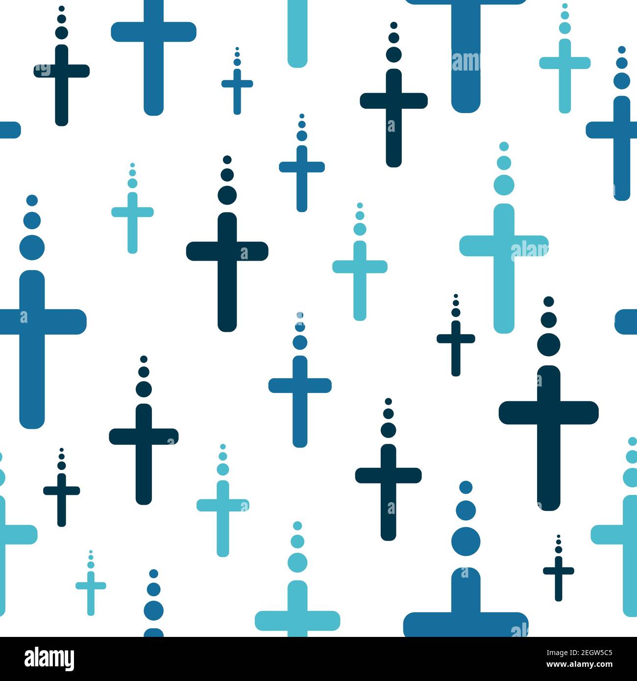Einfaches Nahtloses Muster mit blauen Kreuzen. Religiöser und spiritueller, sich wiederholender Hintergrund. Vektorkunst mit Kruzifix über christentum und Tradition. Stock Vektor