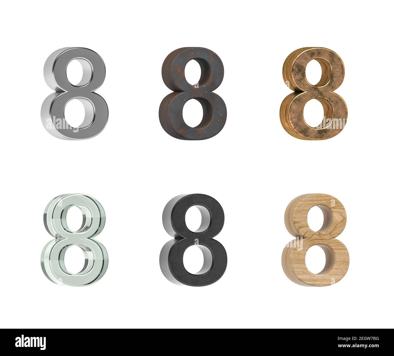 Dreidimensionale Ziffer mit sechs Arten von Texturen - Metall, Rost, Messing, Glas, schwarzer Kunststoff, Kiefernholz - isoliert auf weißem Hintergrund - 3D Render Stockfoto