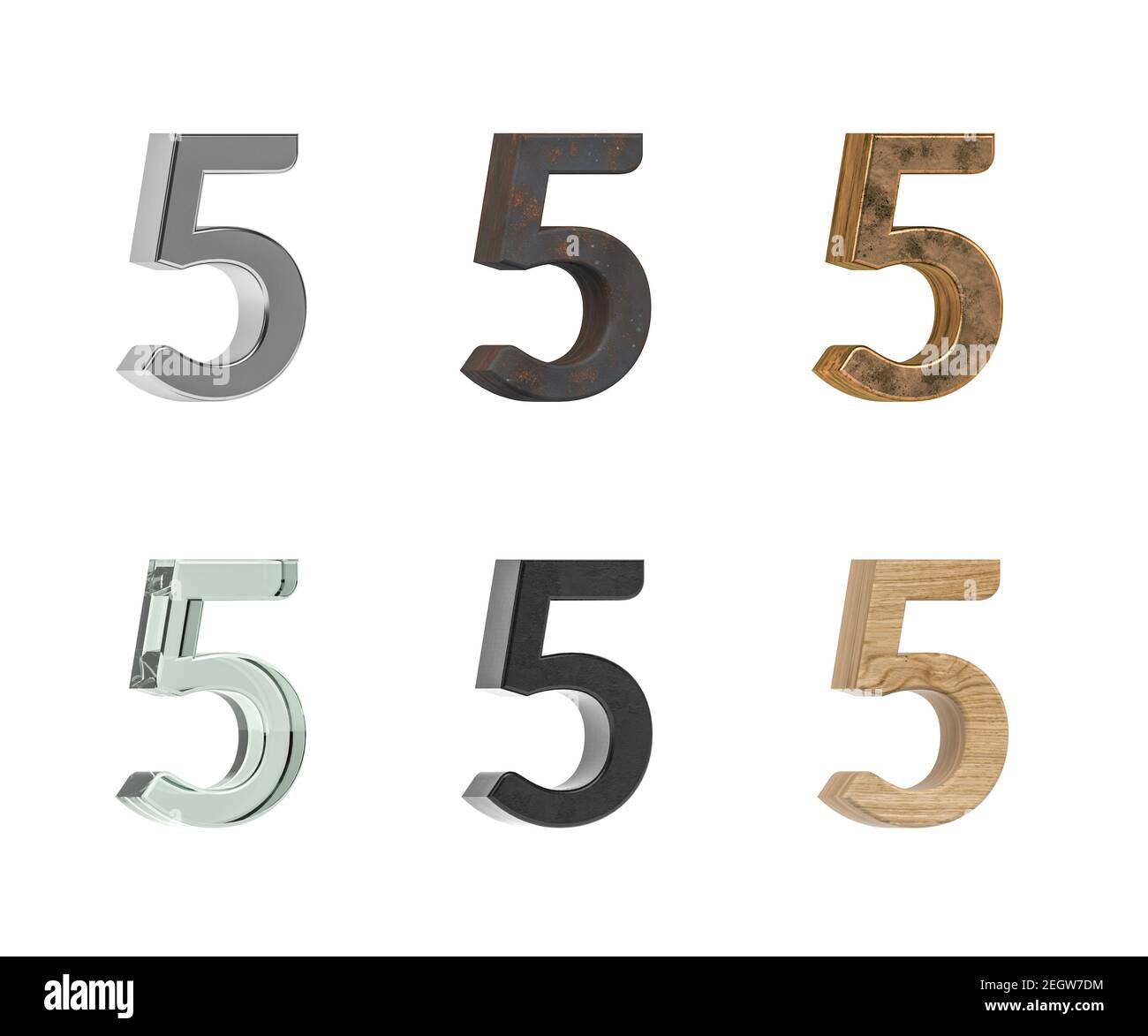 Dreidimensionale Ziffer mit sechs Arten von Texturen - Metall, Rost, Messing, Glas, schwarzer Kunststoff, Kiefernholz - isoliert auf weißem Hintergrund - 3D Render Stockfoto