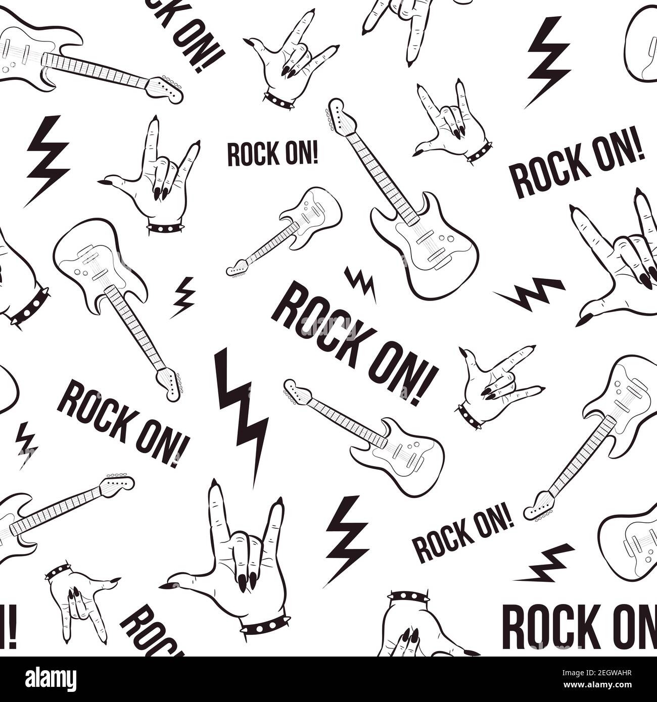 Heavy Metal und Grunge Nahtloses Muster mit Händen und E-Gitarren. Wiederholter Rock and Roll-Hintergrund mit unterirdischen Objekten Stock Vektor